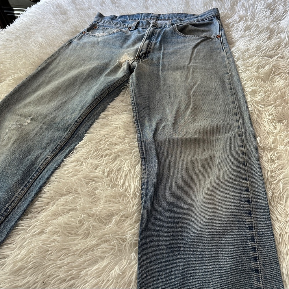 Vintage 80s Levi’s 505 USA Made Zip Fly Straight Leg Distressed Jeans 33x32 - Picture 9 of 13